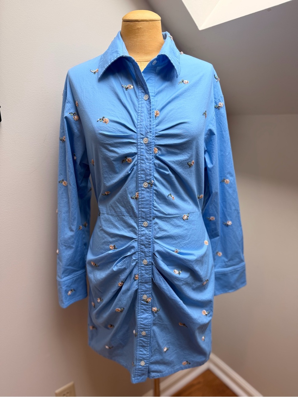 Saintart Designer Blue Ruched Button-Front Women’s Shirt Dress Sequin Flowers